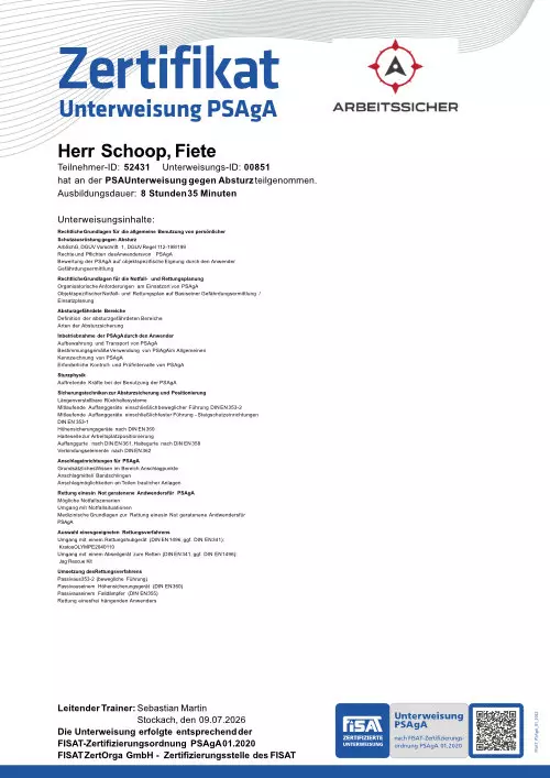 Zertifikat Unterweisung PSAgA, Simon Jehle, Schoop Fiete, Leipferdingen, Jehle Objektservice