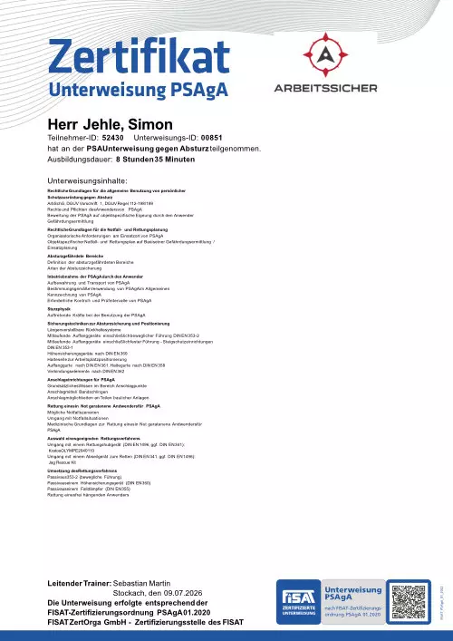 Zertifikat Unterweisung PSAgA, Simon Jehle, Schoop Fiete, Leipferdingen, Jehle Objektservice